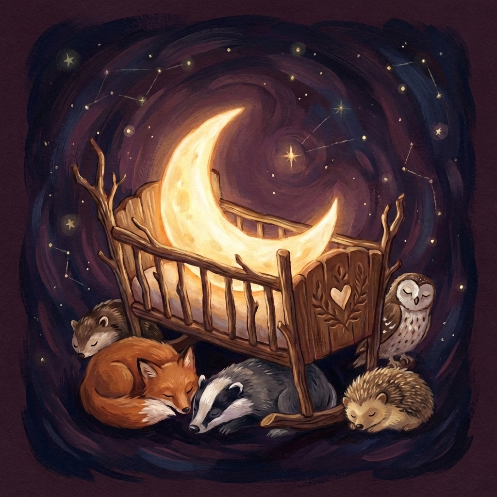 A crescent moon resting in a wooden cradle, storybook illustration